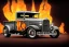 Placeholder: a customized 1930 ford model a pickup, roof chopped, lowered, wide dragster wheels, no spare tire, vertical truck exhaust pipes behind the cabin, with flames coming out of them, twin-tone colouring, centered, intricate, extreme detailed, photorealism, center view, stylized random background, pivot on ford, pen and color marker painting by cheryl kelley