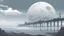 Placeholder: giant half transparent moon, glitchy, blurry, mechanical, sci-fi, maximum quality, centered on frame, far view, seasidel, white sky with cumulonimbus, anime, makoto shinkai style, japanese pier, rusty, decrepit, foggy, grayscale