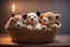 Placeholder: Cute but quirky stuffed animals lie in a carved basket on a soft sling, by candlelight