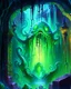 Placeholder: a slimy dripping gelatinous cube in vast cavern room with iron gates art painterly