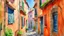 Placeholder: A watercolor painting depicts a narrow alleyway in a European village, possibly Italy, with brightly colored buildings lining both sides. Laundry hangs on a clothesline strung across the alley, adding a touch of domesticity to the scene. The buildings are painted in vibrant hues of pink, orange, blue, and green, with terracotta roofs. The cobblestone ground is rendered with loose brushstrokes, giving a sense of texture and depth. A small dog sleeps peacefully in the foreground, adding a charming