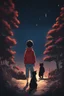 Placeholder: boy and his cat looking at the sky full of stars and comet, view from her back, in anime style, using only the colors, black, red, and blue, 4k adobe illustrator render, cartoon style