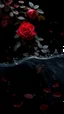 Placeholder: The image is a digital artwork that depicts a branch of tree of Red roses and leaves tangling in to a water in the river with aThe rose floats on the surface of the water, creating a wave-like effect. The background is black, which makes a branch of a tree of red roses stand out even more. Water droplets are scattered adding to the dreamy, ethereal quality of the image.all leaves and background are red