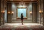 Placeholder: a very beautiful lady photo in standing pose in pretty frame hanging a wall in a luxury galery stage with carpets in floor