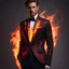 Placeholder: Hyper Realistic Flame-Patterned Tuxedo with maroon pant & black-formal-shirt with embers at night