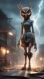 Placeholder: book cover illustration, fallout 4 setting, horror weird owl bear elk alien bird walking on stilts in female garments, getting hit by lightening electric arc, with big disturbed eyes,bokeh like f/0.8, tilt-shift lens 8k, high detail, smooth render, down-light, unreal engine, prize winning