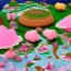 Placeholder: A landscape shot In the background A mountain made of cakes . above the mountain are pink and blue cumulus clouds made of cotton candy. a forest of lollipops and candy canes surround the lake. in the center a large ice cream float that is a lake. Groups Gingerbread people are sunbathing under a sunflower sun. Some gingerbread people are drinking from the lake