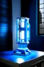 Placeholder: gaming table lamp inspired by avengers stark tower buliding architecture futuristic-modern stlye. geometric form, blue and white color scheme