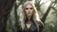 Placeholder: photoreal 30-year-old gorgeous stoic blonde elf Guardian high priestess of the Eladrin elf goddess with leather skin with mystical eyes looking like famke janssen wearing gorgeous pristine dark geen leathers hunting from a tree branch at dawn, otherworldly creature, in the style of fantasy movies, photorealistic, shot on Hasselblad h6d-400c, zeiss prime lens, bokeh like f/0.8, tilt-shift lens 8k, high detail, smooth render, unreal engine 5, cinema 4d, HDR, dust effect, vivid colors