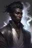 Placeholder: Male Air genasi fra d&d with black skin smoke some hair an Asian skin ghostly appearance with a Smokey undertone