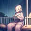 Placeholder: anime girl writing with a pencil in her hand in a book sitting on a porch swing of a very old house in the rain, wearing pajamas,wearing glasses, rain and raindrops