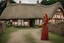 Placeholder: Full body shot of a tall slim pretty, red-headed young woman, dressed in a long flowing colourful dress, standing in front of a row of cottages and shops with thatched roofs, casting runes in the air