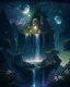 Placeholder: Mystical floating island with a lush garden, ancient ruins, and a cascading waterfall, under a starry night sky.