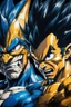 Placeholder: Poster in two gradually, a one side "vegeta face", another side "goku face", midle faces, painting by Yoji Shinkawa, darkblue and GOLD tones,sinister, detailed iridescent, metallic, translucent, dramatic lighting, hyper futuristic, digital art, shot with Sony Alpha a9 Il and Sony FE 200-600mm f/5.6-6.3 G OSS lens, natural light, hyper realistic photograph, ultra detailed -ar 3:2 -q 2 -s 750,
