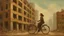 Placeholder: A vintage oil painting of a woman on a bicycle in front of a decaying building, captured in the post-apocalypse city, featuring elements of soviet city architecture, with a touch of socialist realism.