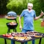 Placeholder: serious crazy man in his sixties in his yard, having a barbecue