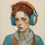 Placeholder: Egon schiele painting of a cute woman, with freckles, , headphones orange, pink, turquoise, yellow colors