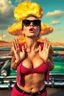 Placeholder: an attractive woman leaning forward(cropped from between nose and hips, cleavage, hands at sides of face with surprised expression, wearing sunglasses, nuclear explosion and 1950s Cars in background