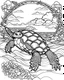 Placeholder: coloring pages for kids, Pacific island shaped Japanese ink painting, paradise, sea turtles, yellow sun, a Polynesian warrior , Art drawing .super detailed, anime cartoon style, thick lines, low detail, black and white, no shading, --ar 85:110