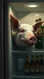 Placeholder: Bosch painting style nightmare, pig head in side shelf of a refrigerator with other shelf of beer bottles