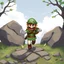 Placeholder: Male Fantasy RPG character, chaabi kawaii mario proportions, lord of the rings inspiration, with a coin held out in front, in a bounding run out from behind a large rock), 3/4 view, isometric game