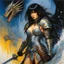 Placeholder: [art by Ralph Steadman] Masamune Shirow style: fantasy oil painting of Clad in chainmail armor that gleamed in the dim light, she stood beside the fallen corpse of her enemy, a small dragon, its scales shimmering in the fading sunlight. Her long brown hair cascaded over her shoulders like a waterfall of silk, framing her stern yet beautiful face with an air of defiance. With one hand resting on the bloody sword, its blade piercing the dragon's skull and embedding itself into the earth, she exude