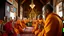 Placeholder: Inside a Buddhist monastery in Thailand, Buddhist monks in saffron robes, worship, award-winning colour photograph, beautiful composition, exquisite detail, Nikon 35mm