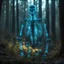 Placeholder: giant bioluminescent glass skeleton merge from the woods, enchanted forest, glowing flora, bright, glowing sparkle particles, dark tone, sharp focus, contrast, 8k, incredible depth, dramatic lighting, beautifully intricate details, clean environment, epic dynamic scene