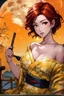 Placeholder: (Asian), short hair, fiery red hair hair, normal hands yukata, yellow clothes, 8k, best quality, winking, very dark night time, lighting from moon yellow moon, perfect, masterpiece, anime style, cartoon style,