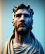 Placeholder: Gran angular, Realistic image, roman sculpture, marble material, Lionel Messi with Laurel wreath model, miguel angel style, God light, god rays, 4k resolution, perfect details, ornate details, soft lighting, unreal engine 5, soft cyan background.