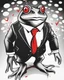 Placeholder: Ilustración vectorial de sapo con traje y corbata, colores negro, blanco y rojo, full body