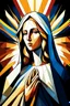 Placeholder: A stylized portrait drawing of colored tiles of Mary the mother of Jesus with long hair, wearing a white veil and surrounded by a geometric halo of rays of light against a dark background- cubism style