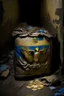 Placeholder: in a LARGE BASEMENT, half-buried in the earth, an ancient, worn-out, worn-out, torn-side valise peeks out, from which gold coins from the time of Catherine the Great fall out. The ancient coat of arms of Russia, the double-headed eagle, is BARELY VISIBLE on the bag. There are a lot of broken bricks and earth around the bag. All in high quality 8K