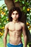 Placeholder: beautiful 12 year old arabic boy with long, curly hair and light blue eyes, smiling, shirtless, in front of a distant mango tree