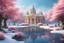 Placeholder: on a island, in a snowy and bright landscape a magnificent palace, tall trees, delicate flowers a pond in the foreground, a fountain, snowflakes, a blue sky,8k, very hight definition, lots of refined details, realistic painting, magical and sweet pink atmosphere