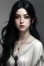 Placeholder: a 16 year old woman, white skin, medium length wawy black hair, beautiful face, black eyes, round body, in a white dress, realistic epic fantasy style