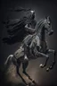 Placeholder: A full-body Arab warrior, raising his sword upwards, and riding his horse,, a dark background, a black horse, and dressed as an Arab warrior. Complex details, realistic, vivid image, cinematic atmosphere, dynamic shot.