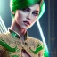 Placeholder: madonna, Cyborg warrior, light green hair, pixie hairstyle, cobalt eyes, waist up portrait, 8k resolution, intricate details, ornate details, soft lighting, vibrant colors, masterpiece, intricate eyeliner, dark eyeshadow, eyes, intricate tattoos, futuristic cityscape background