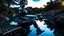 Placeholder: fantasy photo of a woman in an android looking catsuit, with black hair, sitting on a ledge over a pond, wearing an android-looking catsuit, sideways, with a planet behind her
