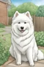 Placeholder: Outline art for coloring page of a Samoyed in a yard, coloring page, white background, Sketch style, eye level, only use outline, clean line art, white background, no shadows, no shading, no color, clear
