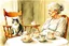 Placeholder: An older woman with normal anatomy, sitting in a comfortable cushioned rocking chair petting her cat,, tea pot and cup on the little table beside her Modifiers: highly detailed wallpaper award winning high definition Jean-Baptiste Monge anatomically correct perfect facial features wet on wet watercolor Perfect Anatomy Catherine Abel, Watercolour and ink accurate natural colors