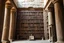 Placeholder: elaborate library on a wall in a in an ancient Egyptian stone temple full of leather-bound books stretching to ceiling occupying the entire wall, striking, juxtapositional, fantastical