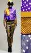 Placeholder: Asa akira as model. Camouflage colors are terracotta, cream and purple, lilac and Cream latex, imperial yellow, red plum. Printed Dots, plants.European daft punk woman. Mantle is sewed of recycled Denim and sewed together of recycled polymer felt. lace, Yellow(Munsell) areas. hint of orange as effect color!!Big bright purple/khaki felt tippet and cream or blue or lilac colored-hood. mantle is merged with satchel. . AKG-style headphones (gold rings!) is merged with felt cap, cyan small visor.