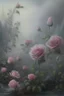 Placeholder: dry pastel, botanical fantasy, unrealistically beautiful fairy-tale landscape, pink-gray rose bush strewn with flowers, ultra-detailed, morning, rain, drops, greenery, magically, clear lines, haze, fog, many details, delicate sensuality, realistic, work of art, super-detail, filigree, foggy haze background, low contrast, surrealism, transparent, delicate pastel tones, backlighting, fantastic, unreal, translucent, glowing, epic fabulous