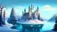 Placeholder: cartoon illustration: a large beautiful frozen lake and next to the lake is a magical castle. The castle is on a hill, surrounded by pine trees.