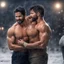 Placeholder: Hyper realistic shirtless muscular shahid kapoor hugging Mark Wahlberg at snowfall night