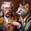 Placeholder: Salvador Dali embraces his pet ocelot Babou , hypperealism , surrealism , outlandish , extreme, high definition ,eccentric, precise craftsmanship, high detailed, vivid deep colours,triple colors complex, oil on canvas ,8k portrait,sharp,beautiful faces ,beautiful eyes ,elegant moustache, focus, close up, fantasy view ,intricate ,masterpiece, by Salvador Dali .