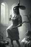 Placeholder: witch with broken leg in hospital, realism, depth of field, professional photo, bw