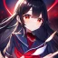 Placeholder: Clear focus, high resolution, black long fluffy hair, red eyes, wearing a dark sailor uniform, holding a red glowing spear