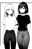 Placeholder: two girls dressed in jeans and a T-shirt walk in the city, line arts, greyscale